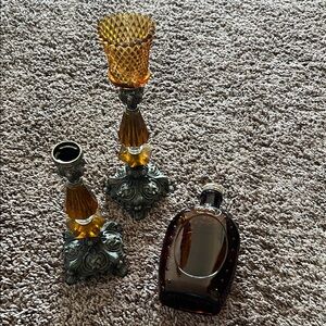 Amber Glass Candle Holders with Decorative Base
